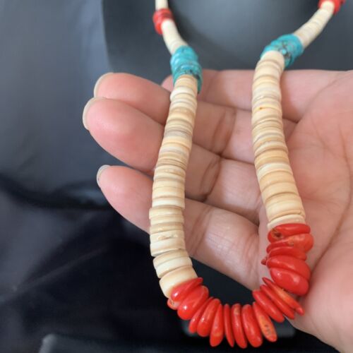 Authentic Native American Santo Domingo Necklace | Shell, Red Coral, Blue Turquoise, Onyx | 22" | 13486