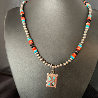 Navajo Multi-Color Turquoise Onyx Inlay Pendant Necklace | Sterling Silver | Authentic Native American Handmade | 13559