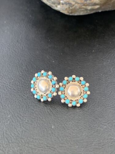 Authentic Native American Zuni Petite Point Turquoise Earrings | Sterling Silver | Handmade | 1609