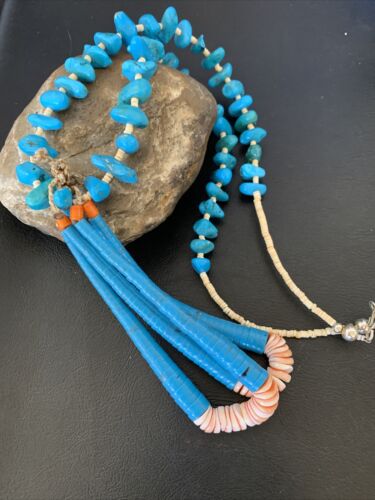 Santo Domingo Spiny Oyster Blue Turquoise Shell Jacla Necklace | 24" | Authentic Native American Handmade | 12513