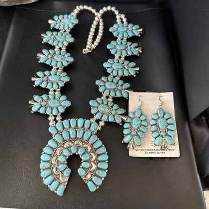 Navajo Blue Turquoise Squash Blossom Necklace & Earrings | Sterling Silver | Authentic Native American Handmade | 14483