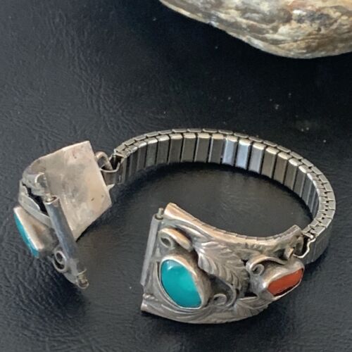 Navajo Sterling Silver Watch Tips | Old Pawn Turquoise & Coral Band | Authentic Native American Jewelry | 11931