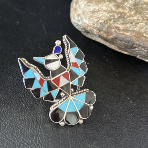 Zuni Peyote Bird Ring | Sterling Silver Turquoise Onyx Mother of Pearl Inlay | Sz 7.5 | 14448