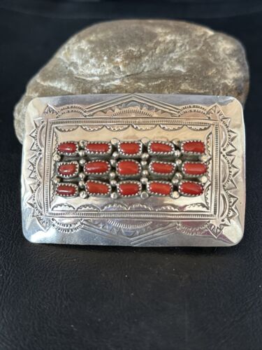 Navajo Red Coral Belt Buckle Concho | Sterling Silver | Authentic Native American Handmade | 14797