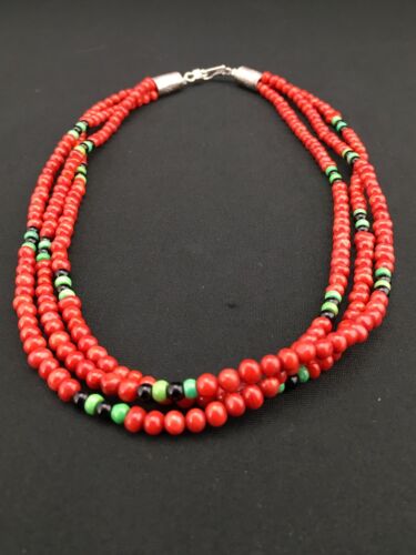 Native American Coral & Turquoise 3 Strand Necklace | Navajo Sterling Silver | 19" | 4856