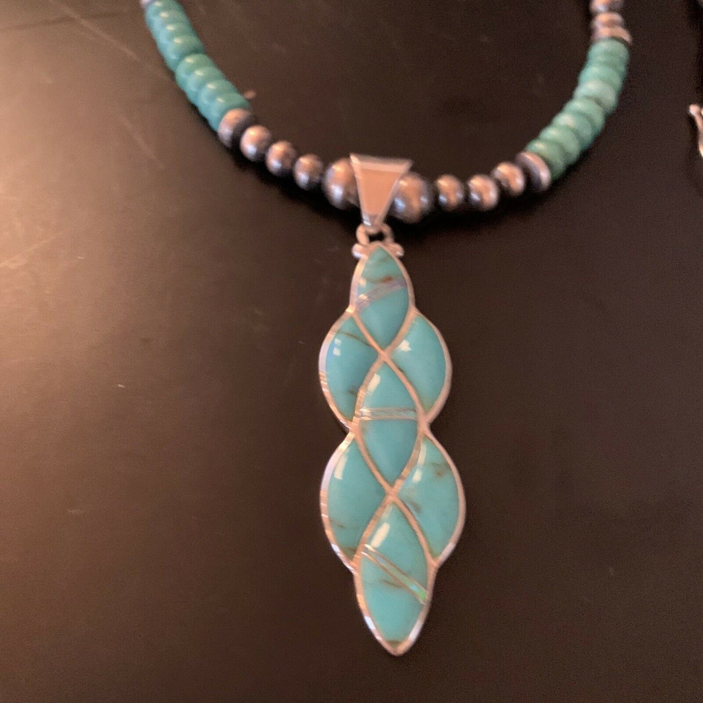 Authentic Native American Navajo Sterling Silver Pendant | Blue Turquoise & Opal Inlay Necklace | 11476
