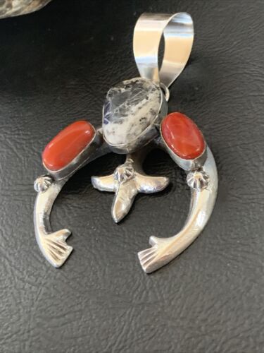 Navajo White Buffalo Turquoise Coral Naja Pendant | Sterling Silver | Authentic Native American Handmade