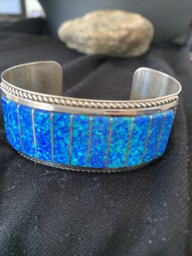Zuni Blue Faux Opal Inlay Cuff Bracelet | Sterling Silver | Authentic Native American Handmade | 01024