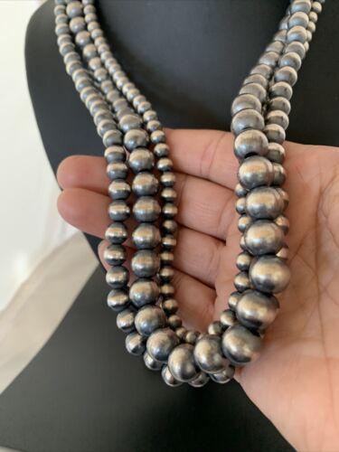 Navajo Sterling Silver 3-Strand Necklace | 6, 8, 10mm | 21" | 93921 - Masha USA