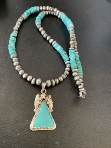 Navajo Pearls Sterling Silver Necklace with Blue Kingman Turquoise Pendant | Authentic Native American Handmade | 12496