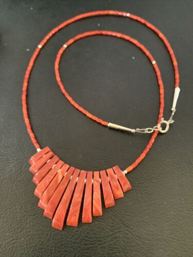 Navajo Apple Coral Heishi Fan Bead Necklace | Sterling Silver Tube | 20" | Authentic Native American Handmade | 10476 - Masha USA