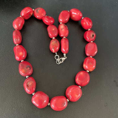 Native American Navajo Red Coral Bead Necklace | Sterling Silver | 18" | 13408 - Masha USA