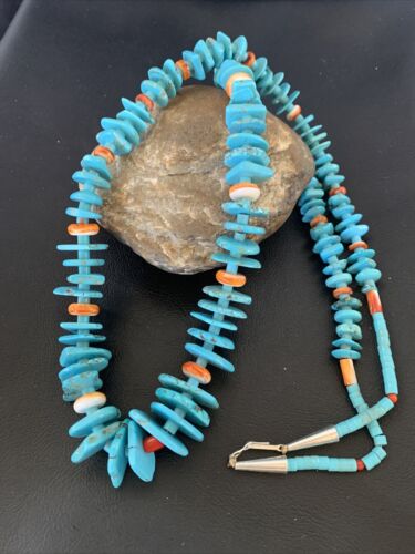 Authentic Native American Santo Domingo Necklace | Sterling Silver & Spiny Turquoise | 36" Graduated | 12067