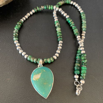 Navajo Green Turquoise Pendant Necklace | Sterling Silver Beads | Authentic Native American Handmade | 13367