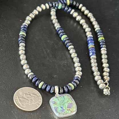 Navajo Green Turquoise Lapis Necklace with Opal Pendant | Sterling Silver | Authentic Native American Handmade | 14368