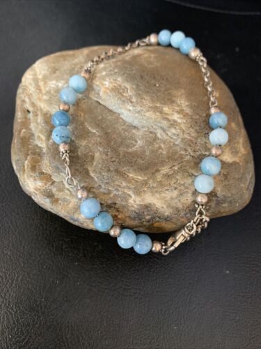 Navajo Blue Larimar Link Bracelet | Sterling Silver | 6mm | 8.5" | Authentic Native American Handmade | 14186