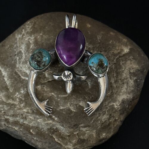 Navajo Sterling Silver Blue Turquoise Purple Sugilite Naja Pendant | Authentic Native American Handmade | 14673