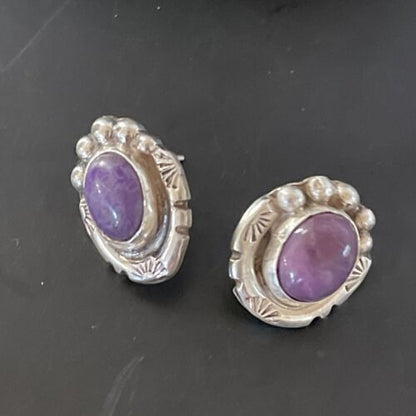 Navajo Sugilite Earrings | Sterling Silver Post Stud | Authentic Native American Handmade | 0.5" | 2070