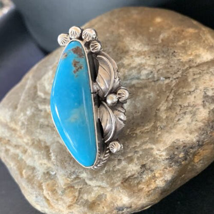 Navajo Blue Kingman Turquoise Ring | Sterling Silver Feather | Sz 9.5 | 10854