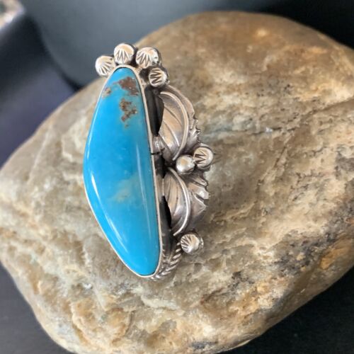 Navajo Blue Kingman Turquoise Ring | Sterling Silver Feather | Sz 9.5 | 10854