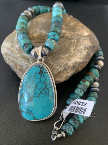 Navajo Pearls Spiderweb Beads Turquoise Necklace Pendant | Sterling Silver | Authentic Native American Handmade | 832