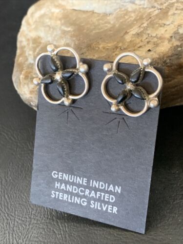 Navajo Black Onyx Stud Post Earrings | Sterling Silver | 0.5" | Authentic Native American Handmade | 12644