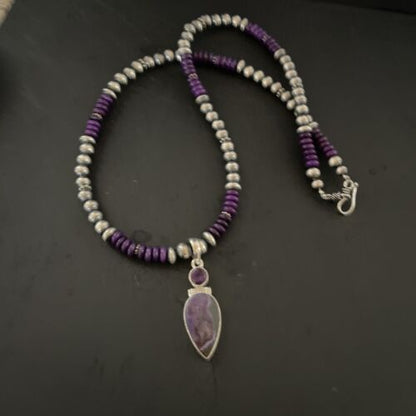 Navajo Pearls Necklace with Purple Sugilite Pendant | Sterling Silver | Multi-Stone | 11334
