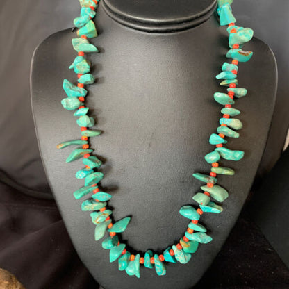 Navajo Green Turquoise & Spiny Oyster Graduated Necklace | Sterling Silver | Authentic Native American | 21" | 14009