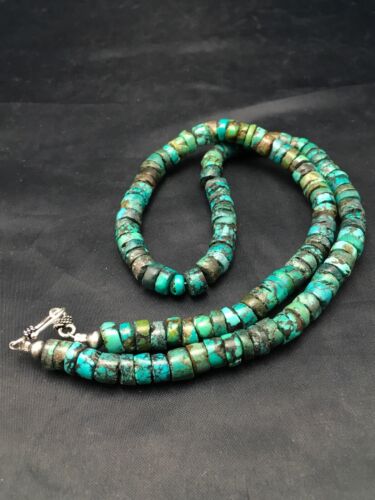 Native American Green Turquoise Heishi Bead Necklace | 10mm Sterling Silver | 20" | 4357