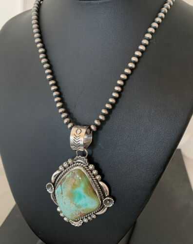 Men's Navajo Pearls Necklace with Royston Turquoise Pendant | Sterling Silver | Native American Handmade | 522