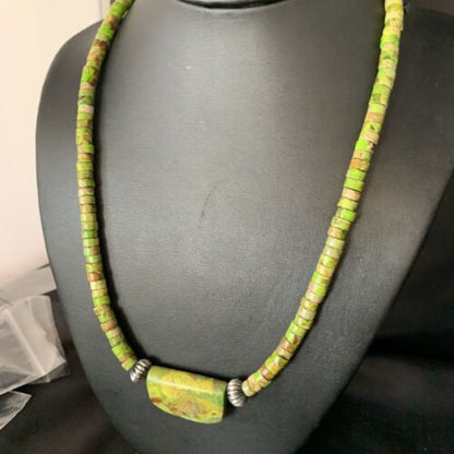 Navajo Green Gaspeite Turquoise Pendant | Sterling Silver | Authentic Native American Handmade | 13916