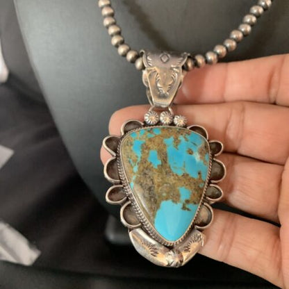 Men's Kingman Blue Turquoise Necklace | Sterling Silver | 3" Pendant | Authentic Native American Handmade | 13995