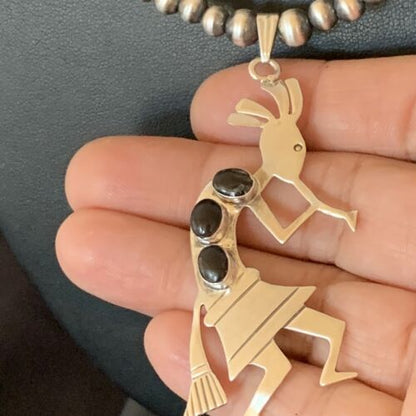 Navajo Kokopelli Pendant with Pearls, Black Onyx, and Multi-Stone | Authentic Native American Sterling Silver | 12284