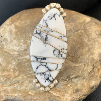 Navajo White Buffalo Turquoise Inlay Ring | Sterling Silver | Sz 7 | Authentic Native American Handmade | 12175 - Masha USA