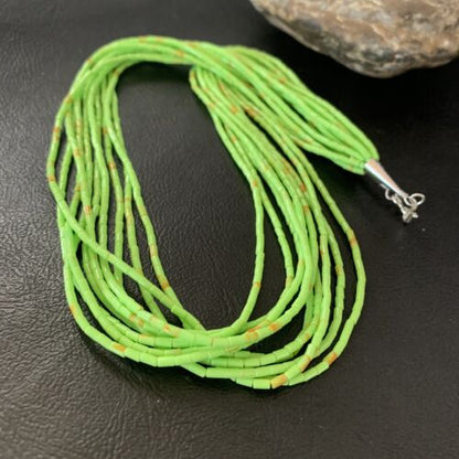 Southwestern Green Gaspeite Heishi Necklace | 10 Strand | Sterling Silver | 20" | 2237