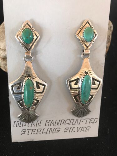 Hopi Turquoise Drop Dangle Earrings | Vintage Old Pawn Sterling Silver | Authentic Native American Handmade | 1123