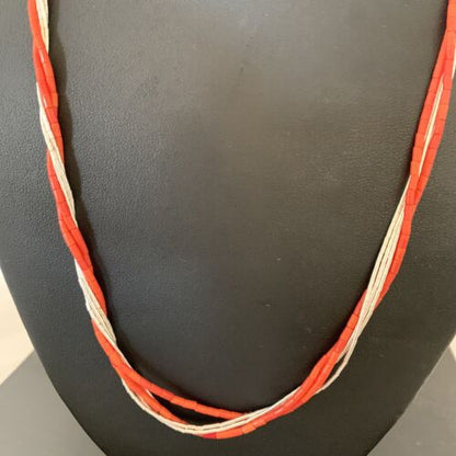 Navajo Coral Tube Beads Liquid Silver Heishi 5-Strand Necklace | Sterling Silver | 02181
