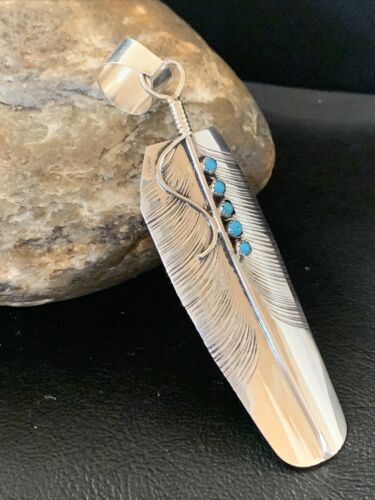 Navajo Turquoise Feather Pendant | Authentic Native American Sterling Silver | Multi-Stone | Handmade | 3.5" | 2106