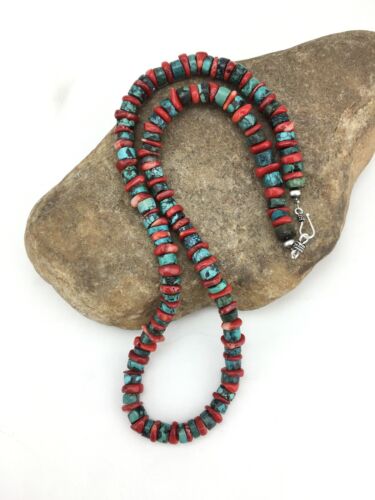 Navajo Sterling Silver Heishi Green Turquoise Coral Necklace | 20" | 1266