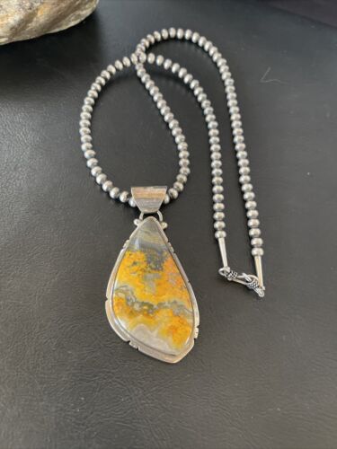 Men's Navajo Pearls Necklace with Bumblebee Jasper Pendant | Sterling Silver | Authentic Native American Handmade | 10556