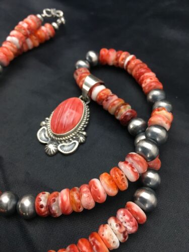 Navajo Red Spiny Oyster Pendant Necklace | Sterling Silver | Authentic Native American Handmade | 2690