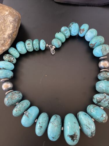 Navajo Blue Turquoise Necklace | Chunky Graduated Sterling Silver Pearls | Authentic Native American Handmade | 19" | 11350 - Masha USA