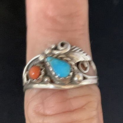Navajo Blue Kingman Turquoise Coral Ring | Authentic Native American Sterling Silver | Multi-Stone | Sz 6.5 | 13575