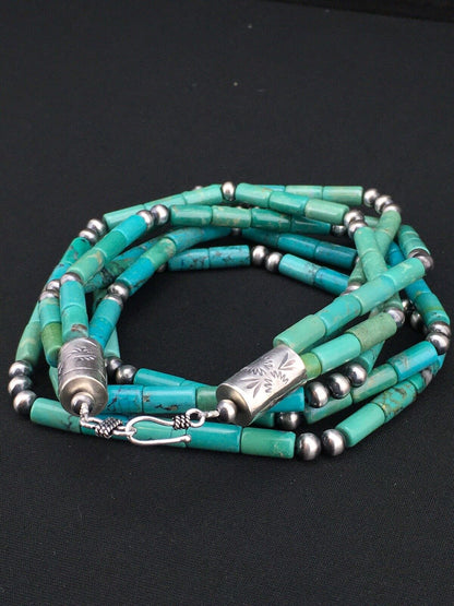 Navajo Turquoise Tube Bead Necklace | 3 Strand | Sterling Silver | 22" | Authentic Native American Handmade | 4790