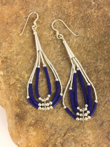 Navajo Lapis Lazuli Heishi Tube Dangle Earrings | Sterling Silver | 2" | 8876