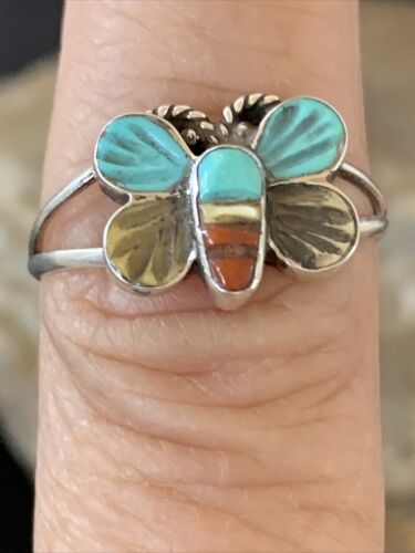 Navajo Blue Turquoise Butterfly Ring | Authentic Native American Sterling Silver | Multi-Stone | Sz 7.5 | 10785