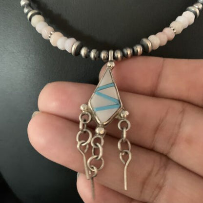 Navajo Mother of Pearl Turquoise Inlay Pendant with Pink Opal Bead Necklace | Sterling Silver | 13457