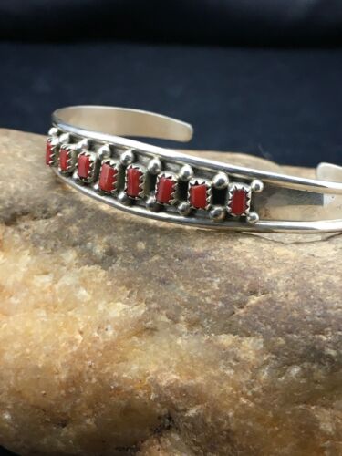 Native American Coral Petite Navajo Bracelet | Sterling Silver | Authentic Handmade | 4027