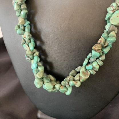 Navajo Green Turquoise Nugget Necklace | 3-Strand Braid | Sterling Silver Pearls | 20" | 11833
