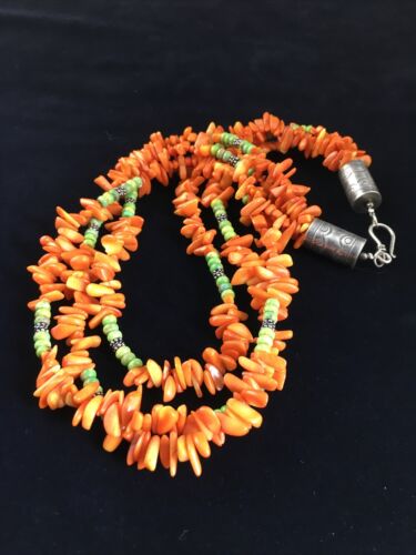 Navajo Pearls 3-Strand Necklace | Sterling Silver Orange Coral | 19" | Authentic Native American Handmade | 10042